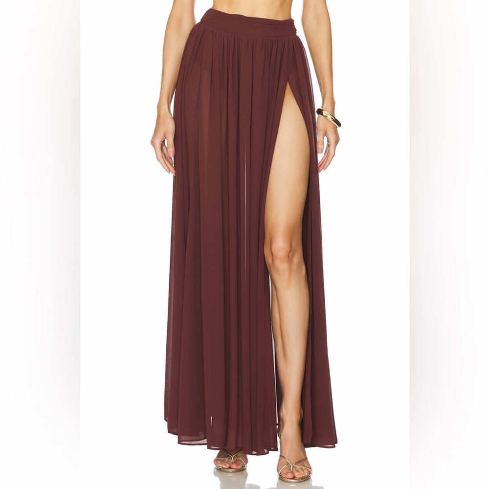 Michael Costello Revolve Acacia Brown Burgundy Georgette Slit Maxi Skirt XS NWT